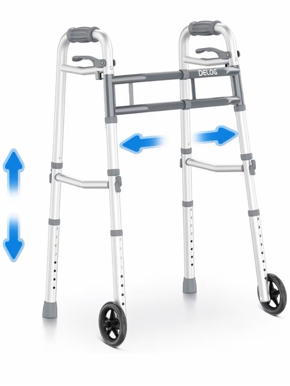 Delog Gray Folding Walker with Wheels - Adjustable Mobility Aid